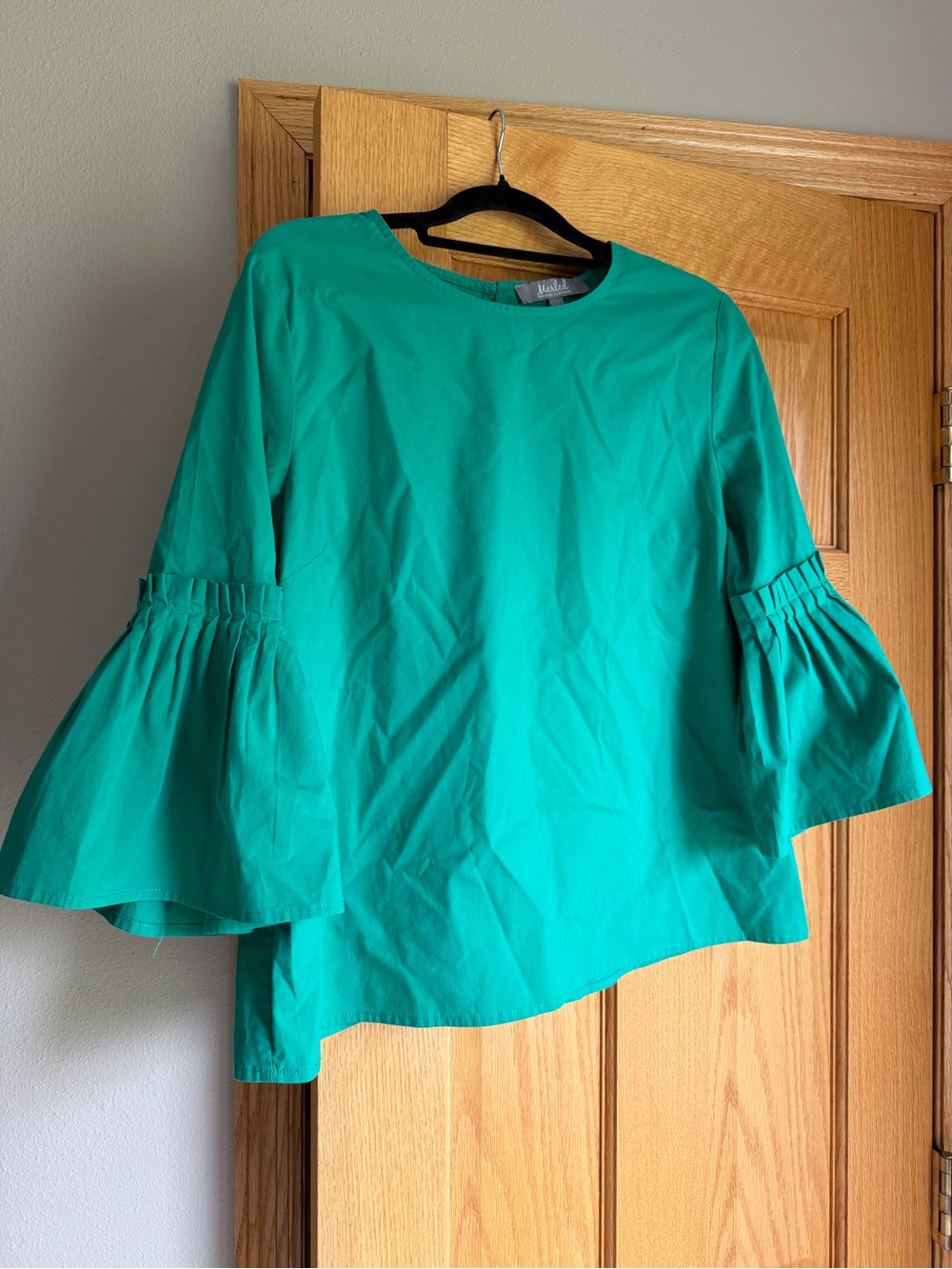 Marled Reunited Kelly Green Bell Sleeve Blouse Ruffle Tiered Poplin Top Size L